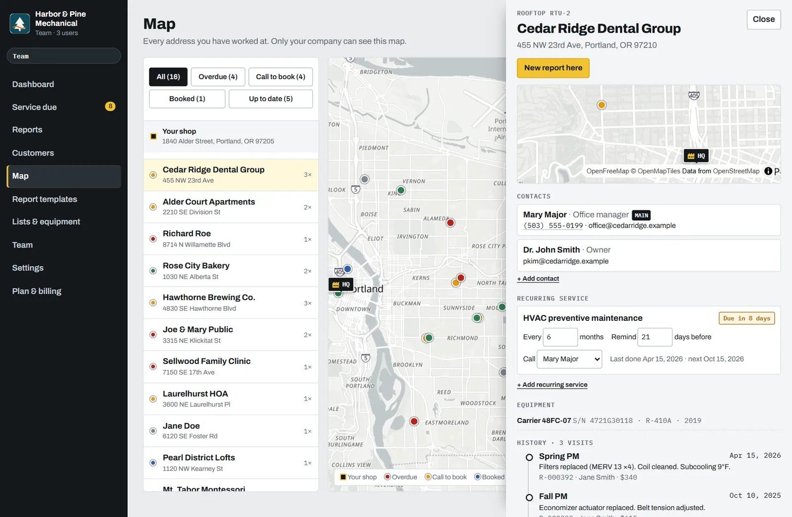 Customer map with one address selected and its visit history open