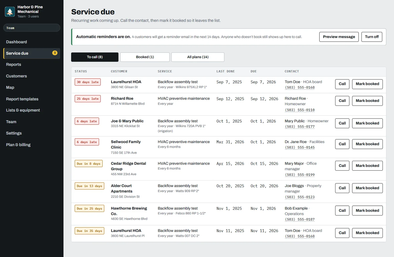 Service due list with overdue and upcoming customers