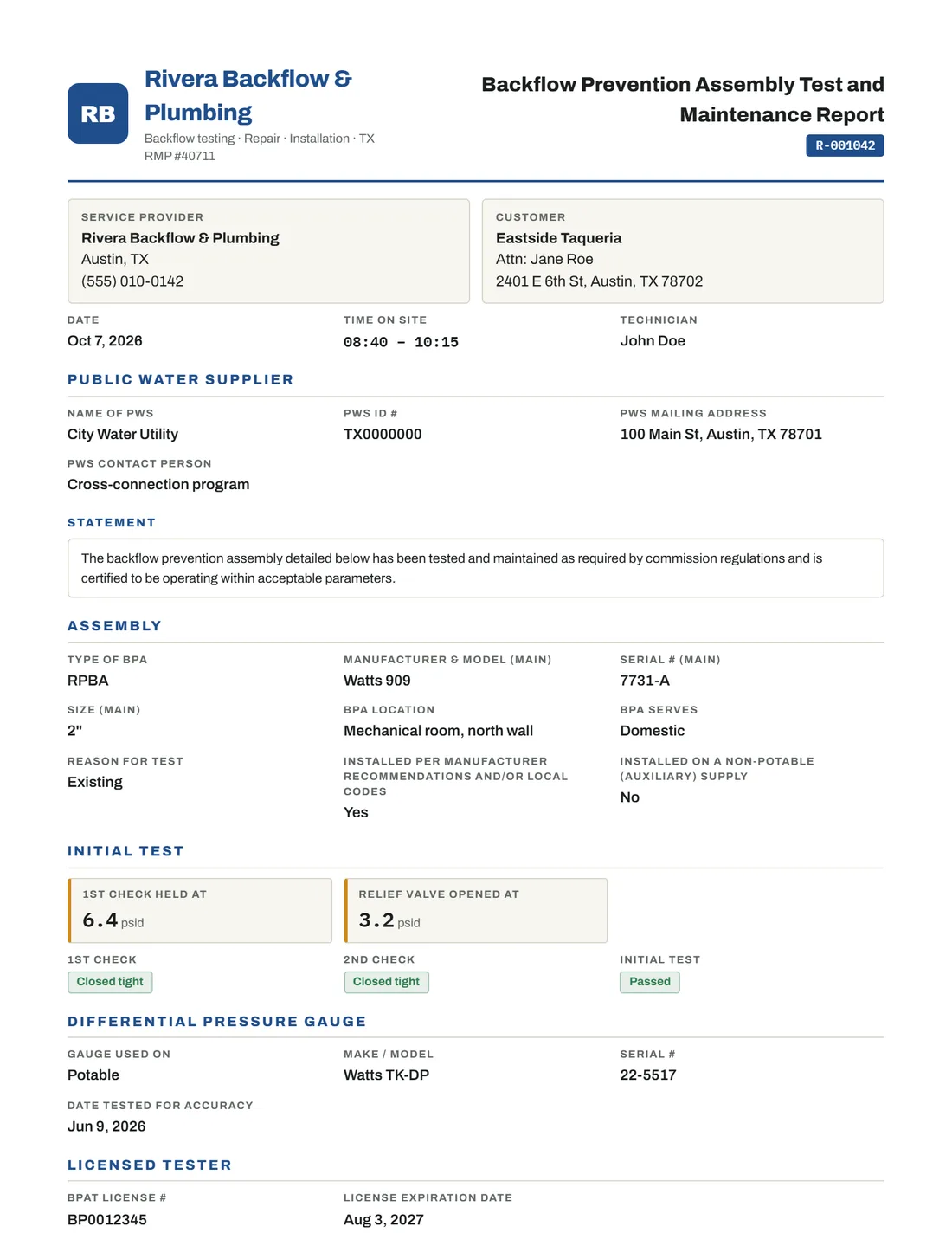Filled Texas TCEQ-20700 backflow test report example