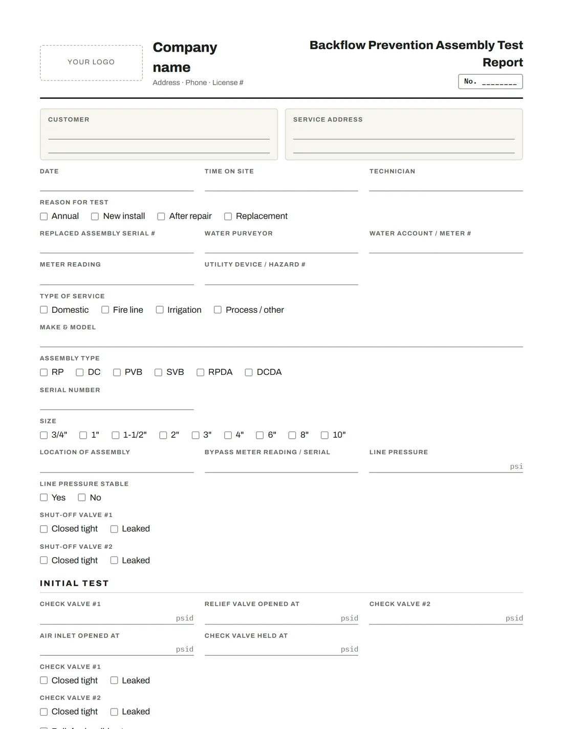Blank Backflow test report form