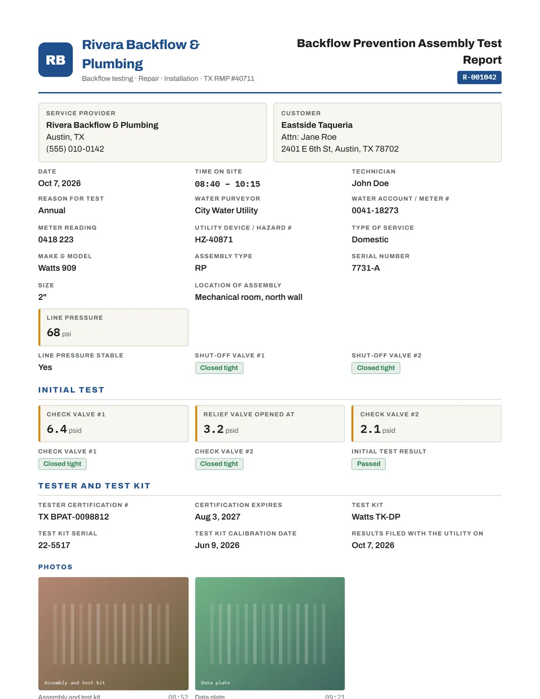 Backflow Prevention Assembly Test Report example, page 1
