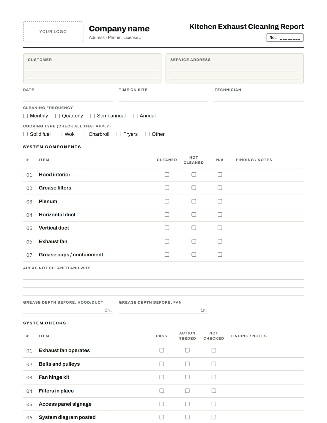 Blank Hood cleaning report template