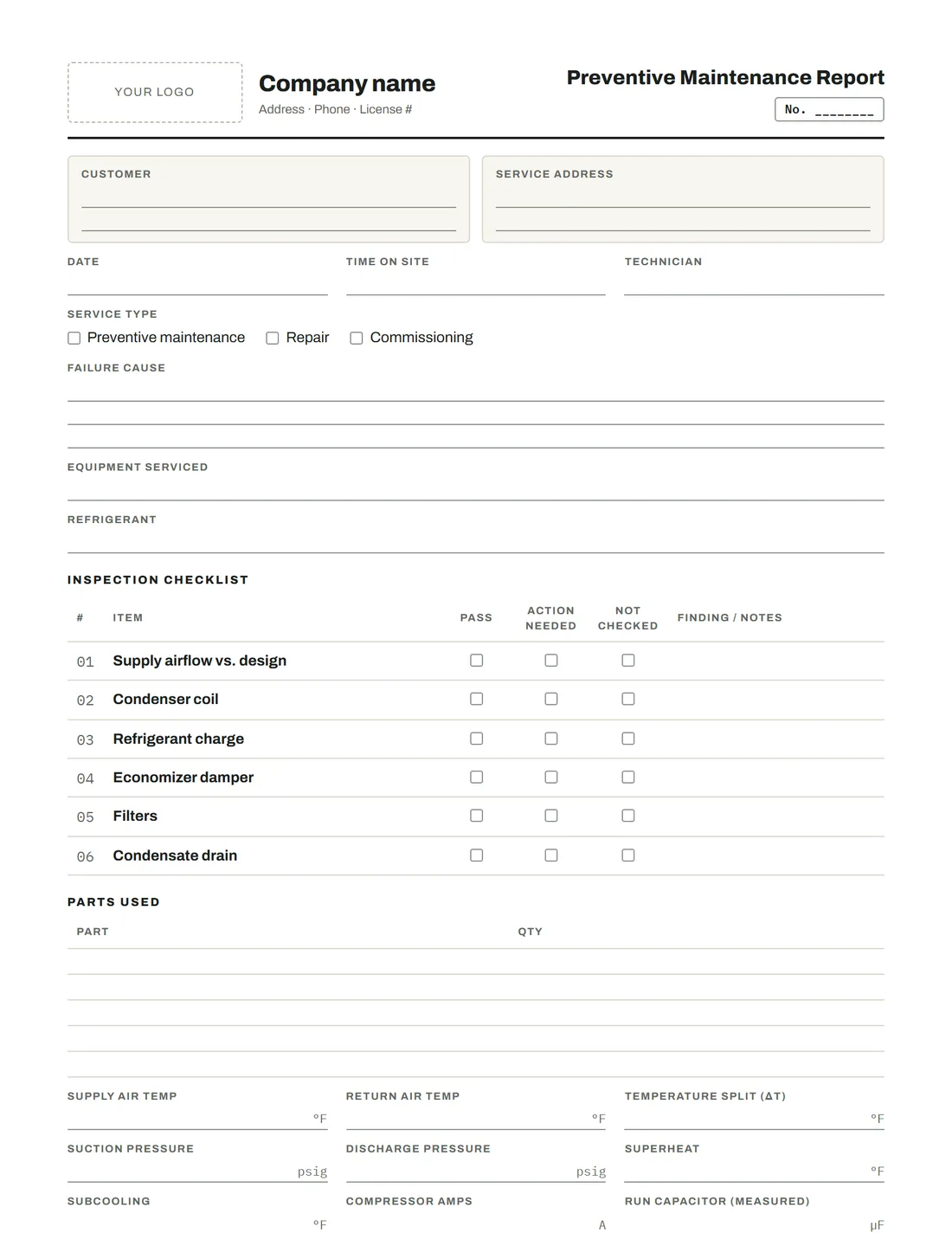 Blank HVAC service report template