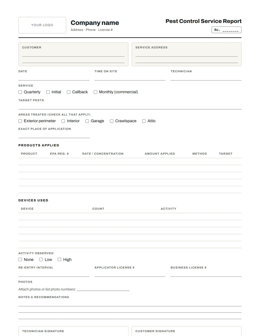 Blank Pest control service report template