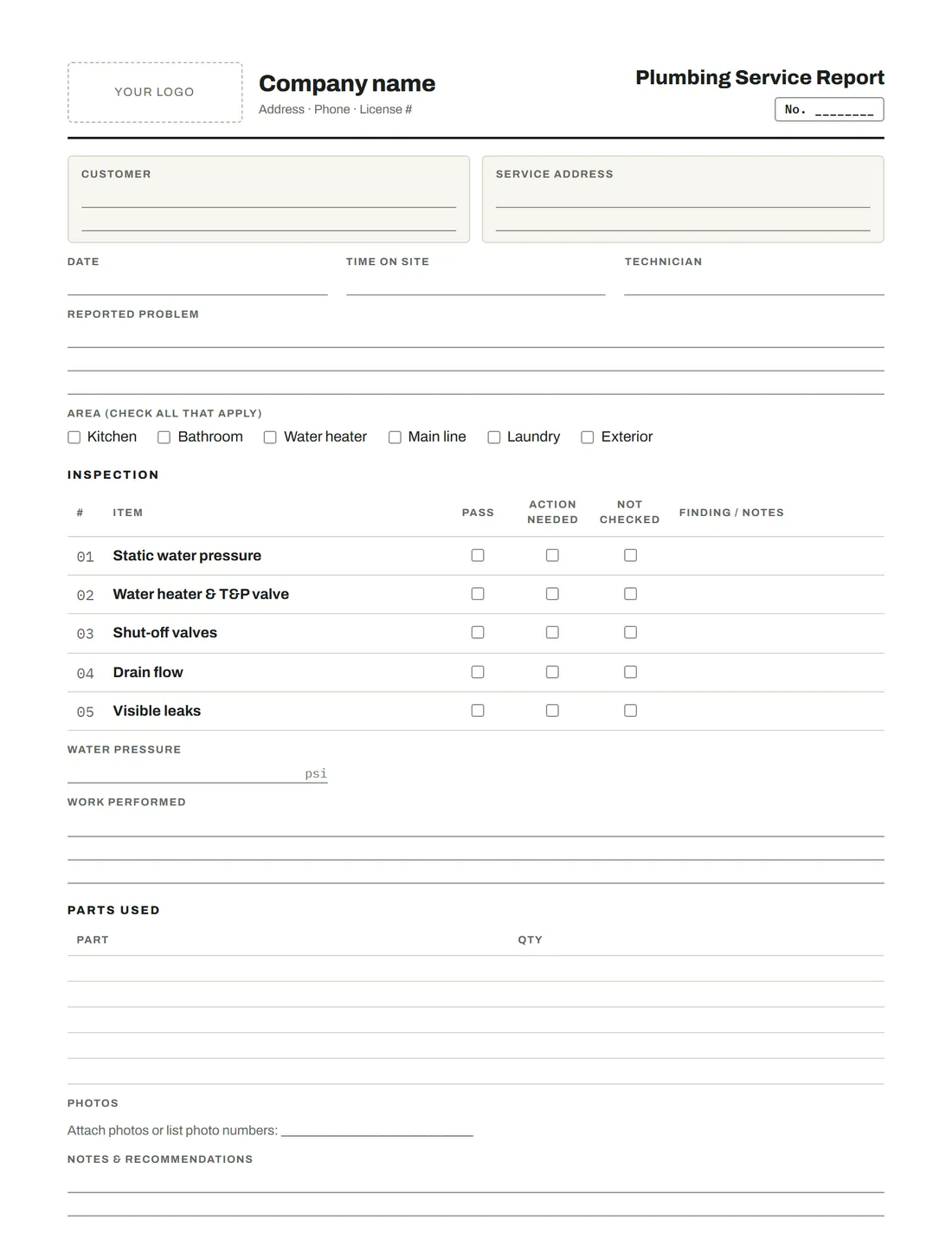 Blank Plumbing service report template
