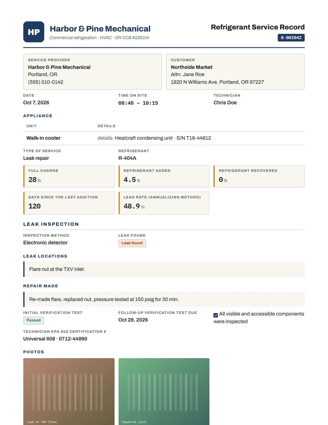 Example Refrigerant Service Record made in Stampario